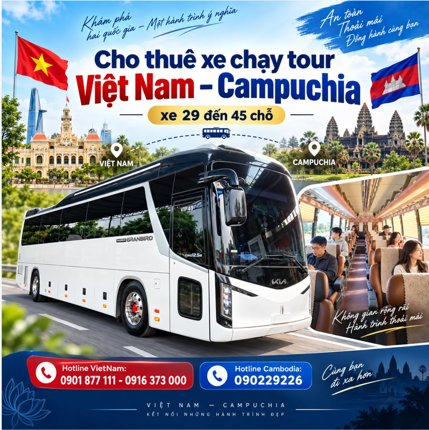 Cho thuê xe chạy tour Việt Nam – Campuchia từ 29 đến 45 chỗ, phù hợp đoàn du lịch, doanh nghiệp. Liên hệ 0901 877 111 - 0916 373 000.