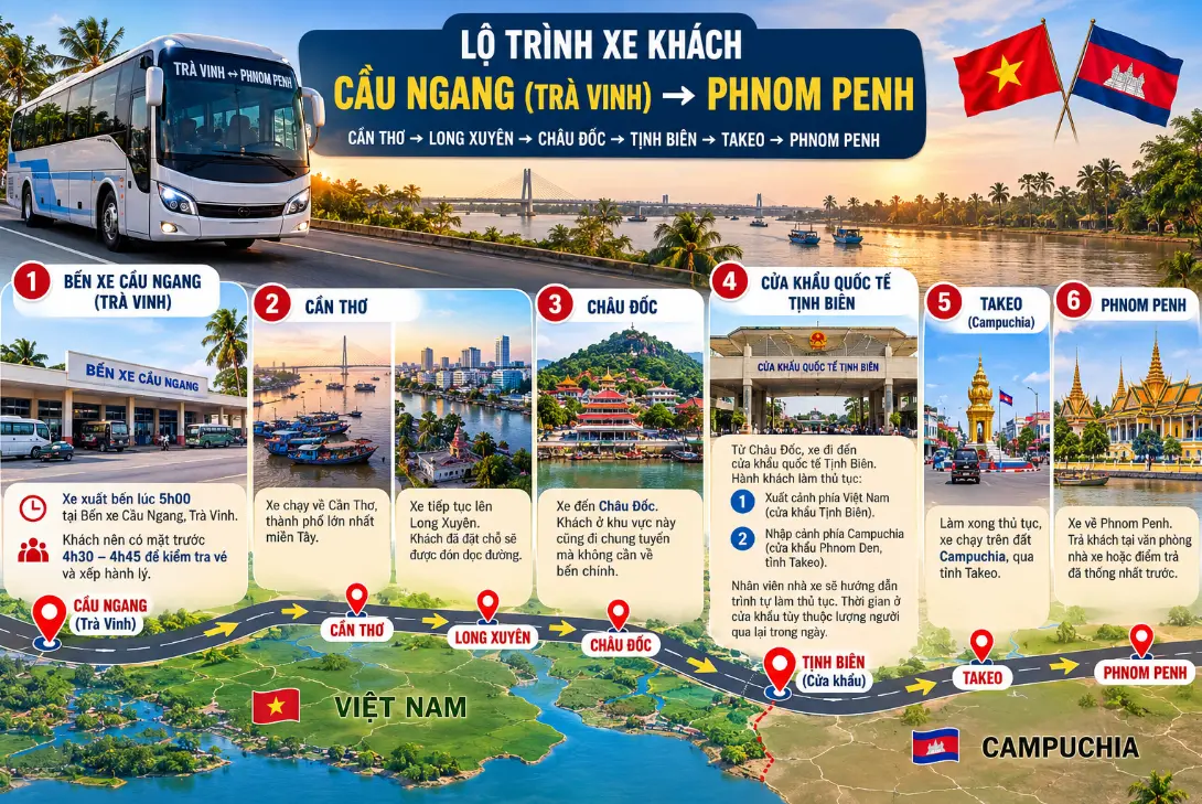 Lộ trình xe khách Trà Vinh đi Phnom Penh qua cửa khẩu Tịnh Biên