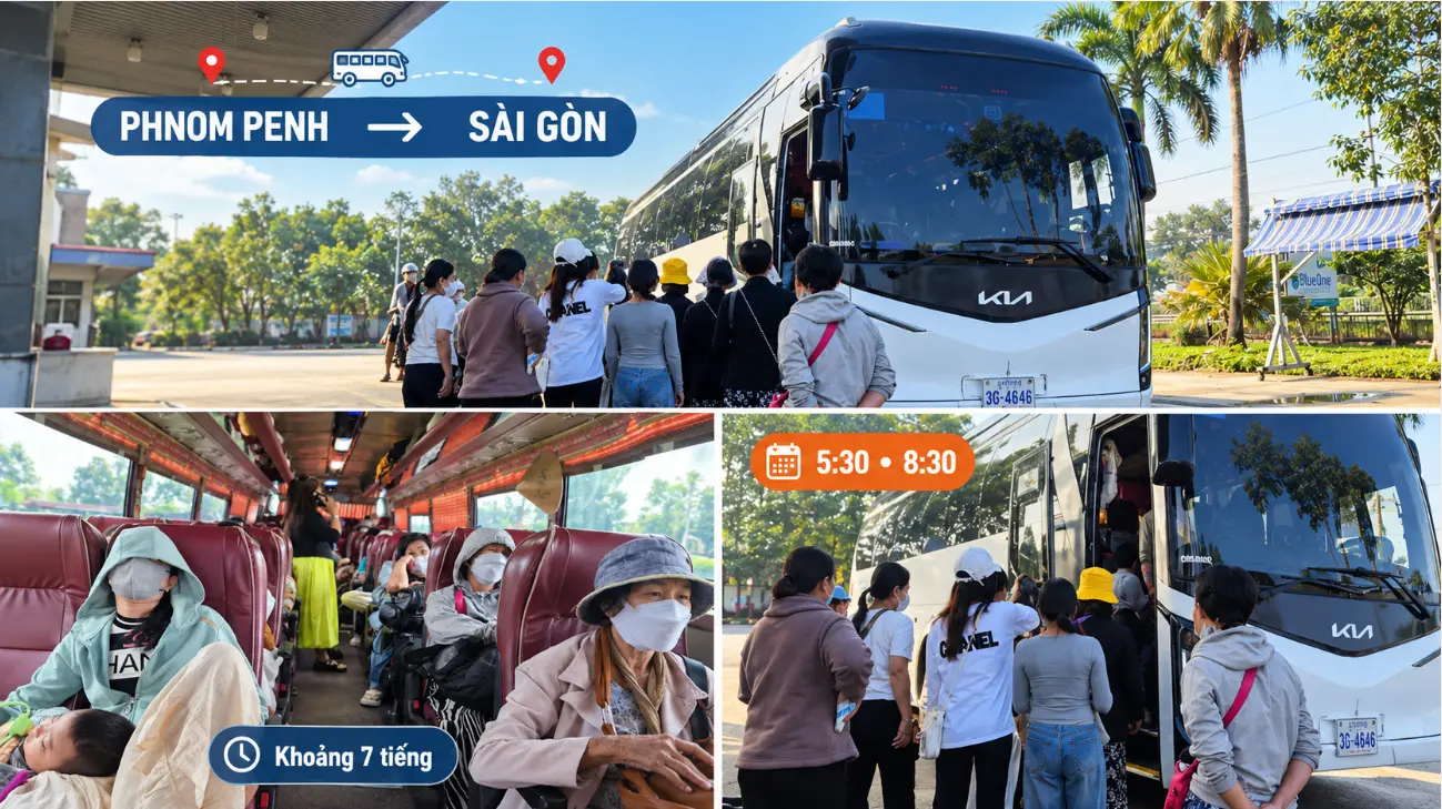 Xe khách Phnom Penh về Sài Gòn chạy lúc 5h30 và 8h30 mỗi ngày, thời gian khoảng 7 tiếng. Xem cách liên hệ đặt chỗ, chuẩn bị giấy tờ và hành lý.